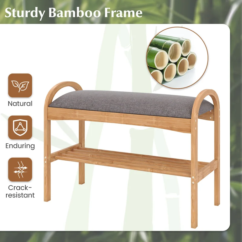 2-Tier Bamboo Shoe Bench with Padded Cushion and Shelf, Gray