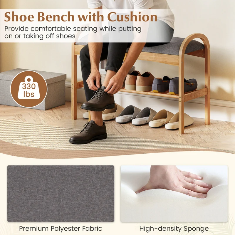 2-Tier Bamboo Shoe Bench with Padded Cushion and Shelf, Gray