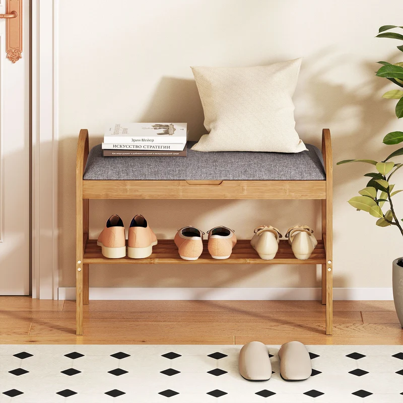 2-Tier Bamboo Shoe Bench with Storage and Padded Cushion, Gray