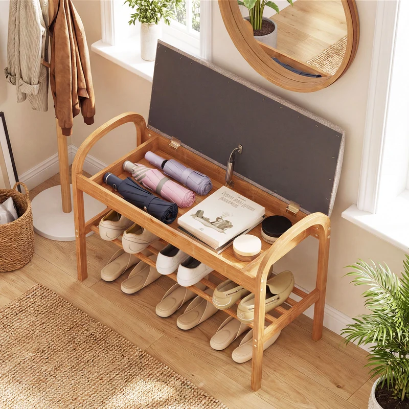 2-Tier Bamboo Shoe Bench with Storage and Padded Cushion, Gray