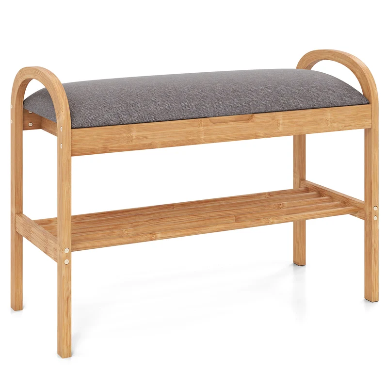 2-Tier Bamboo Shoe Bench with Storage and Padded Cushion, Gray