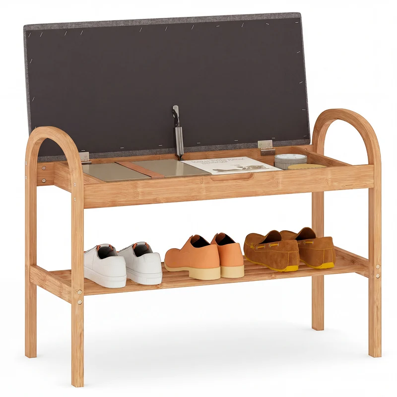 2-Tier Bamboo Shoe Bench with Storage and Padded Cushion, Gray