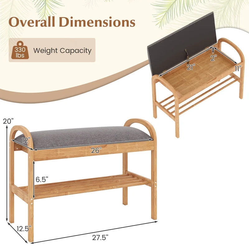 2-Tier Bamboo Shoe Bench with Storage and Padded Cushion, Gray