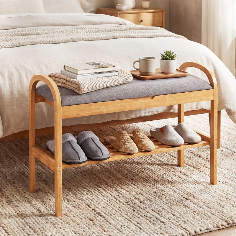 2-Tier Bamboo Shoe Bench with Storage and Padded Cushion, Gray