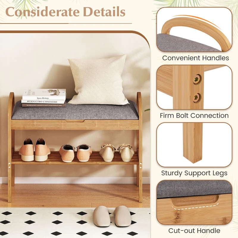 2-Tier Bamboo Shoe Bench with Storage and Padded Cushion, Gray