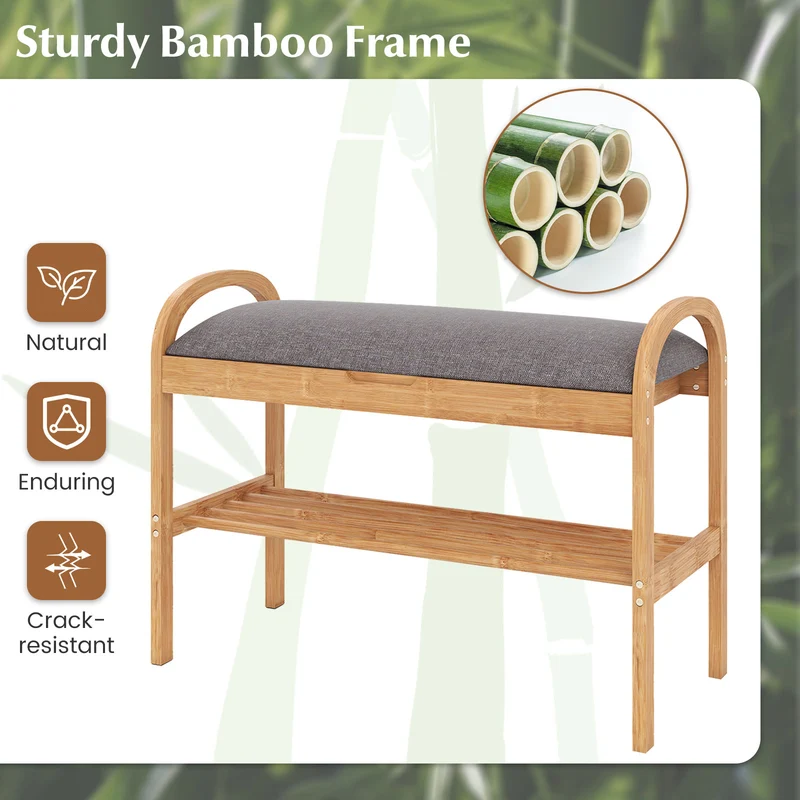 2-Tier Bamboo Shoe Bench with Storage and Padded Cushion, Gray