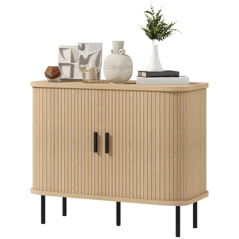 35.4" Sideboard Buffet Cabinet, Nordic Coffee Bar, Slatted Tambour Doors, Oak