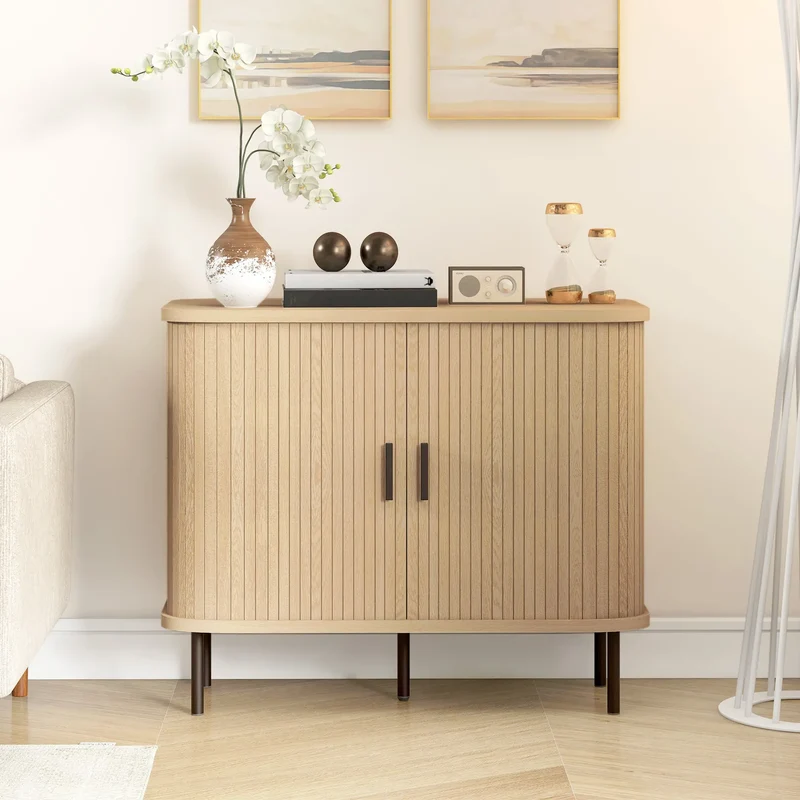 35.4" Sideboard Buffet Cabinet, Nordic Coffee Bar, Slatted Tambour Doors, Oak