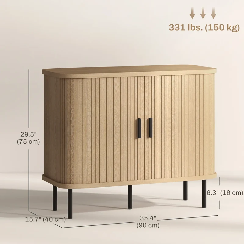35.4" Sideboard Buffet Cabinet, Nordic Coffee Bar, Slatted Tambour Doors, Oak