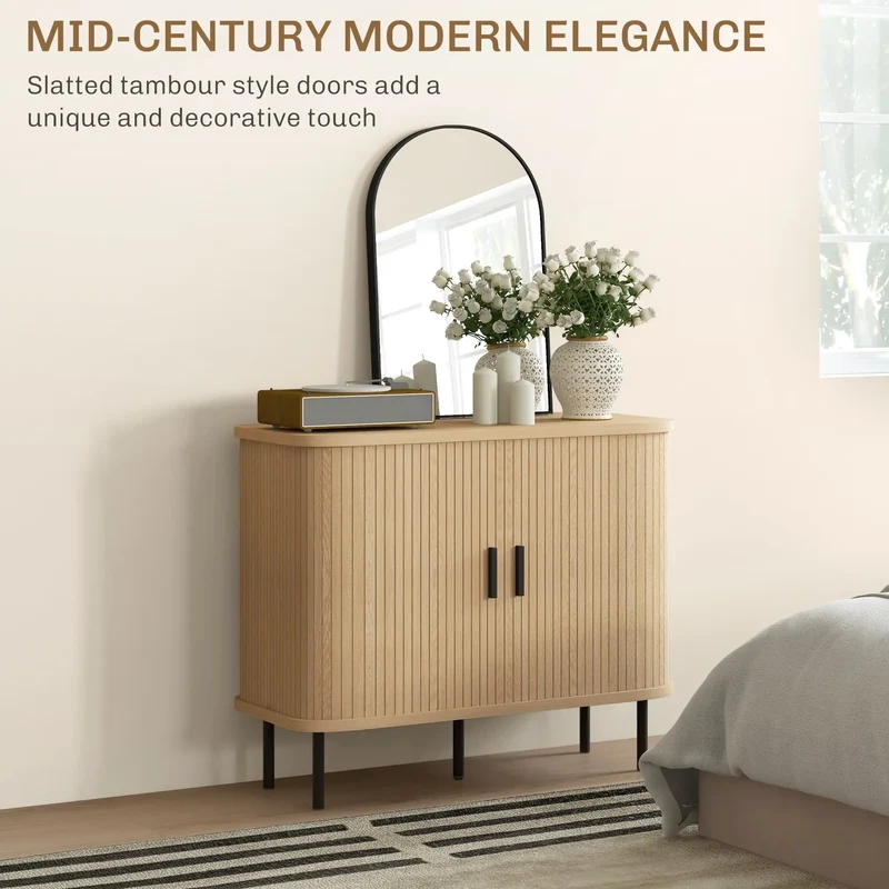 35.4" Sideboard Buffet Cabinet, Nordic Coffee Bar, Slatted Tambour Doors, Oak