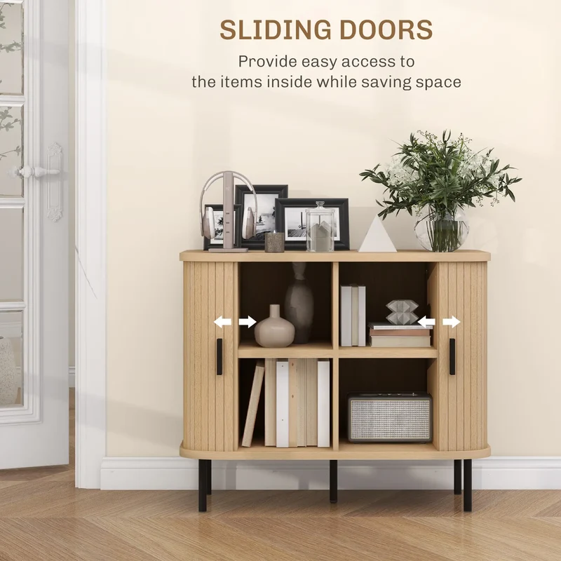 35.4" Sideboard Buffet Cabinet, Nordic Coffee Bar, Slatted Tambour Doors, Oak