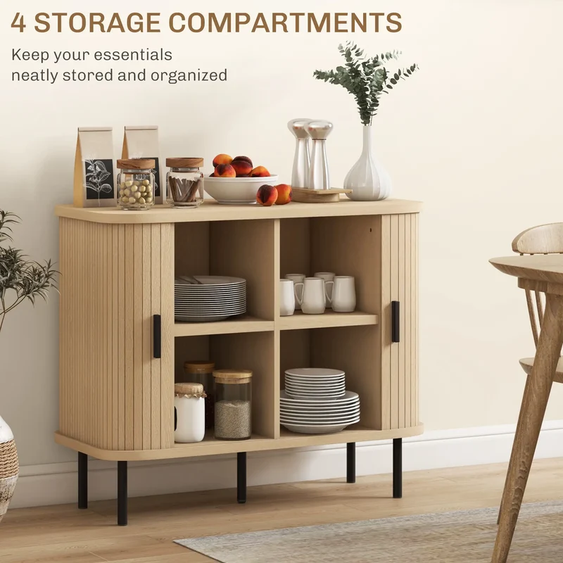 35.4" Sideboard Buffet Cabinet, Nordic Coffee Bar, Slatted Tambour Doors, Oak