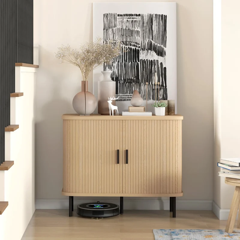 35.4" Sideboard Buffet Cabinet, Nordic Coffee Bar, Slatted Tambour Doors, Oak