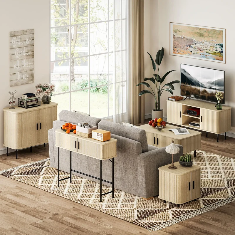 35.4" Sideboard Buffet Cabinet, Nordic Coffee Bar, Slatted Tambour Doors, Oak