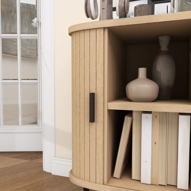 35.4" Sideboard Buffet Cabinet, Nordic Coffee Bar, Slatted Tambour Doors, Oak
