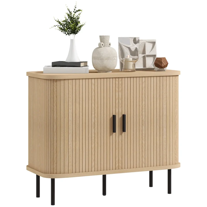 35.4" Sideboard Buffet Cabinet, Nordic Coffee Bar, Slatted Tambour Doors, Oak