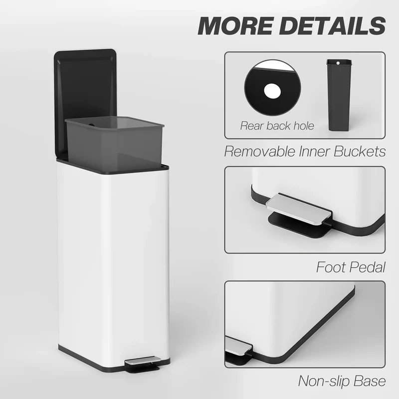 5.3 Gallon Stainless Steel Kitchen Trash Can, Soft-Close Lid, Foot Pedal, White