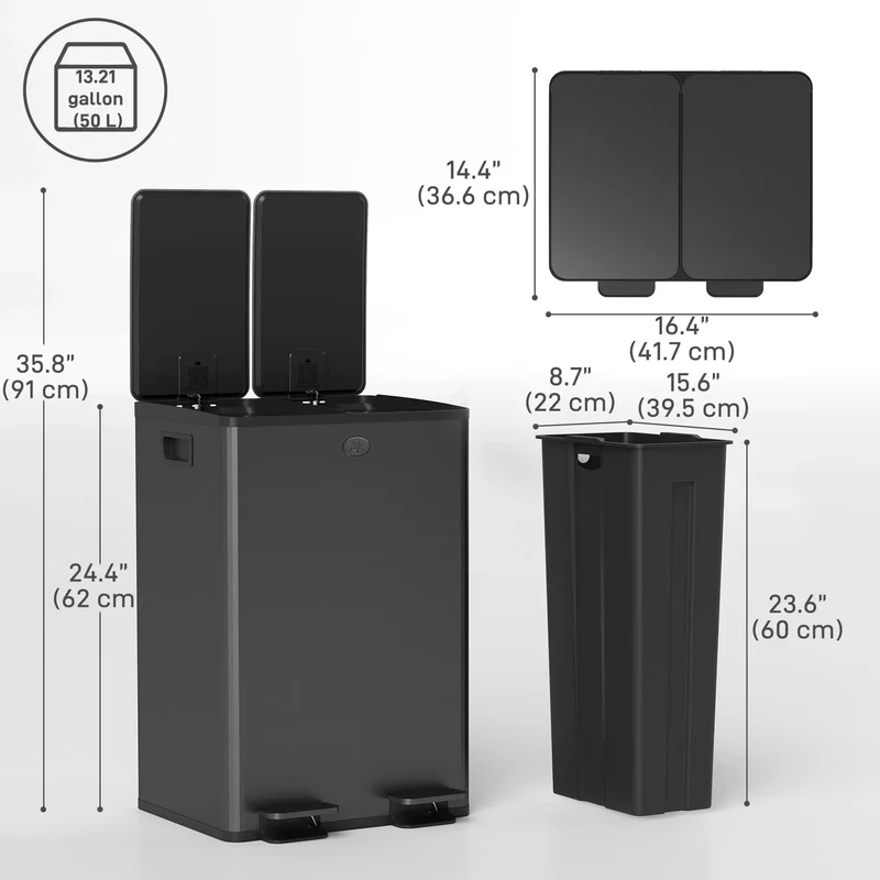 Dual Garbage Bin, Soft Close Trash Can, 2 x 28 Liter, Black