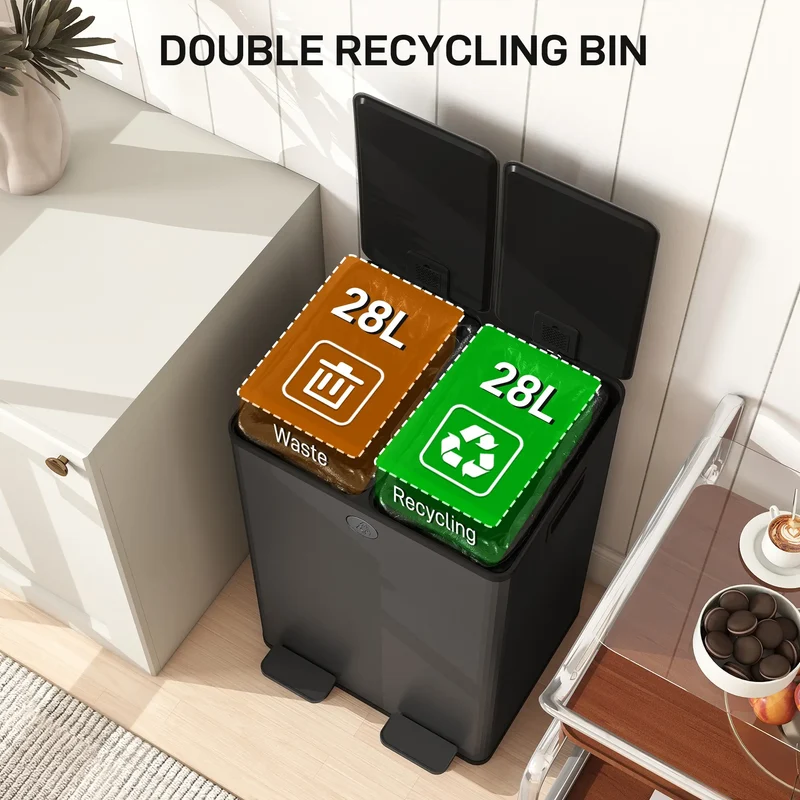 Dual Garbage Bin, Soft Close Trash Can, 2 x 28 Liter, Black