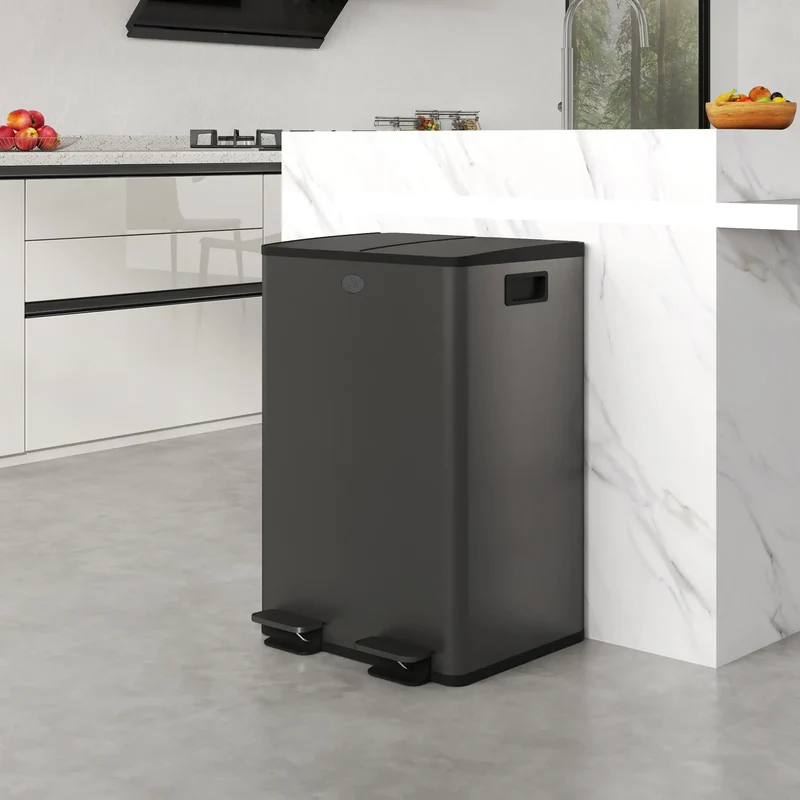 Dual Garbage Bin, Soft Close Trash Can, 2 x 28 Liter, Black