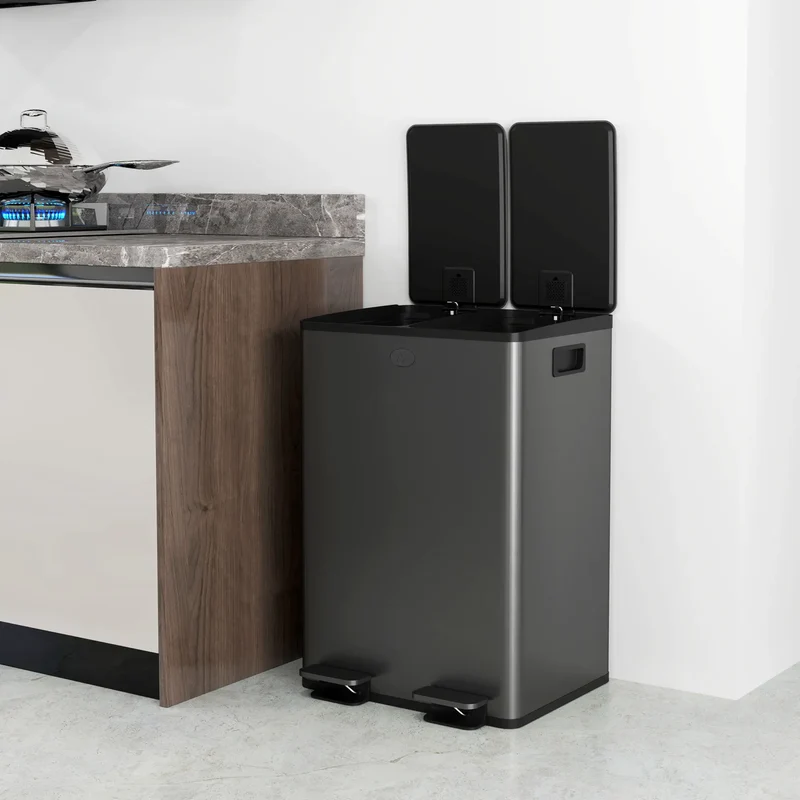 Dual Garbage Bin, Soft Close Trash Can, 2 x 28 Liter, Black