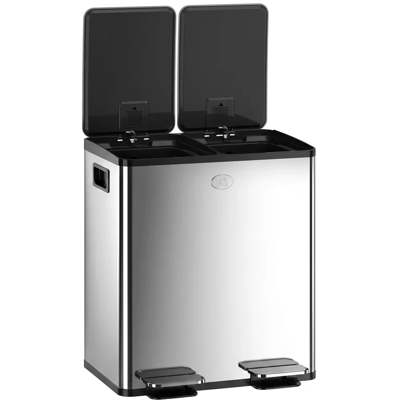 Dual Garbage Bin, Soft Close Trash Can, 2 x 20 Liter, Silver