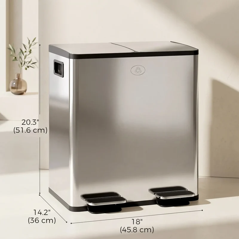 Dual Garbage Bin, Soft Close Trash Can, 2 x 20 Liter, Silver