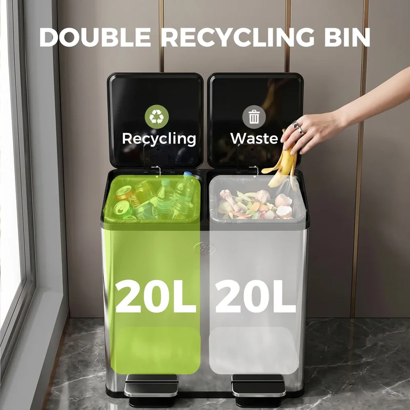 Dual Garbage Bin, Soft Close Trash Can, 2 x 20 Liter, Silver