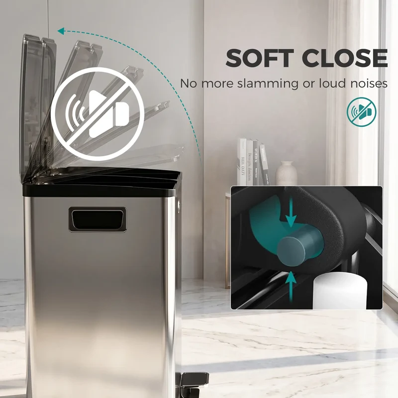 Dual Garbage Bin, Soft Close Trash Can, 2 x 20 Liter, Silver