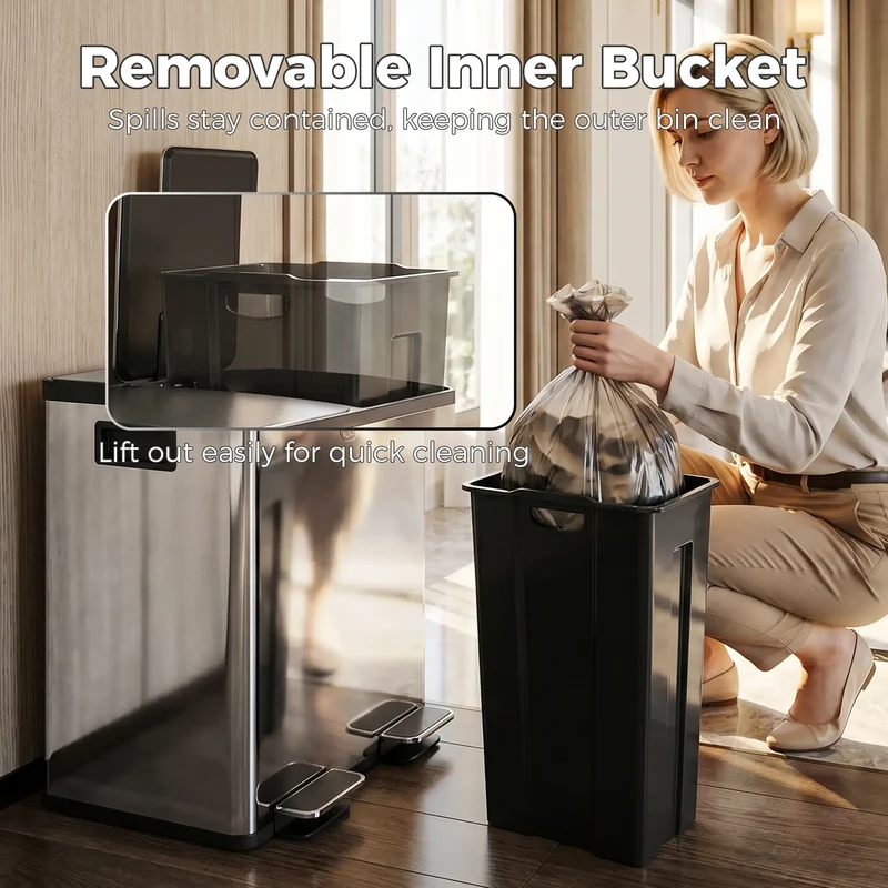 Dual Garbage Bin, Soft Close Trash Can, 2 x 20 Liter, Silver