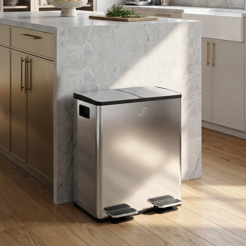 Dual Garbage Bin, Soft Close Trash Can, 2 x 20 Liter, Silver