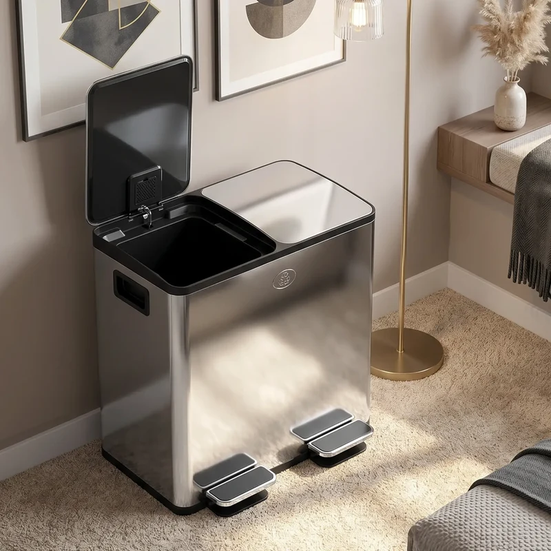 Dual Garbage Bin, Soft Close Trash Can, 2 x 20 Liter, Silver