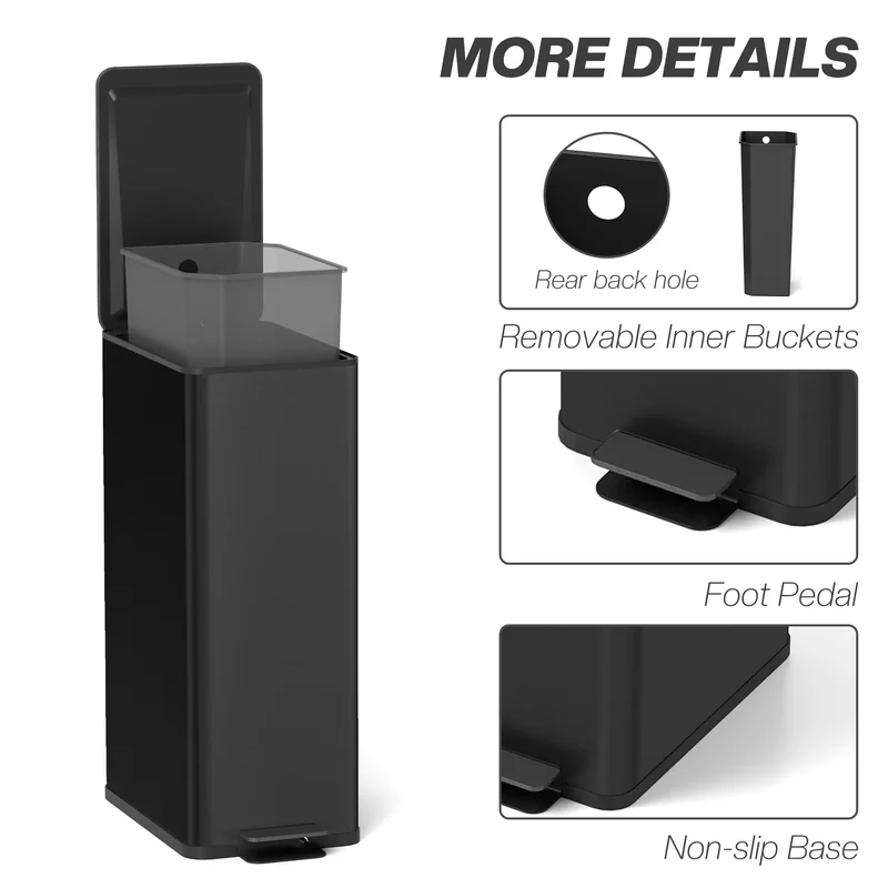 5.3 Gallon Stainless Steel Trash Can, Soft-Close Lid, Foot Pedal, Black