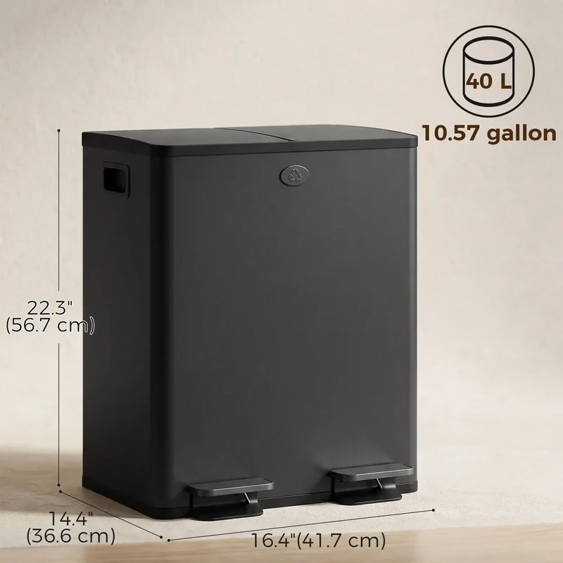 Dual Garbage Bin, Soft Close Trash Can, 2 x 20 Liter, Black