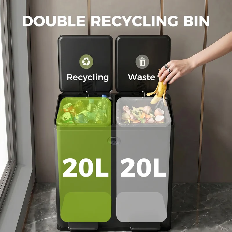 Dual Garbage Bin, Soft Close Trash Can, 2 x 20 Liter, Black