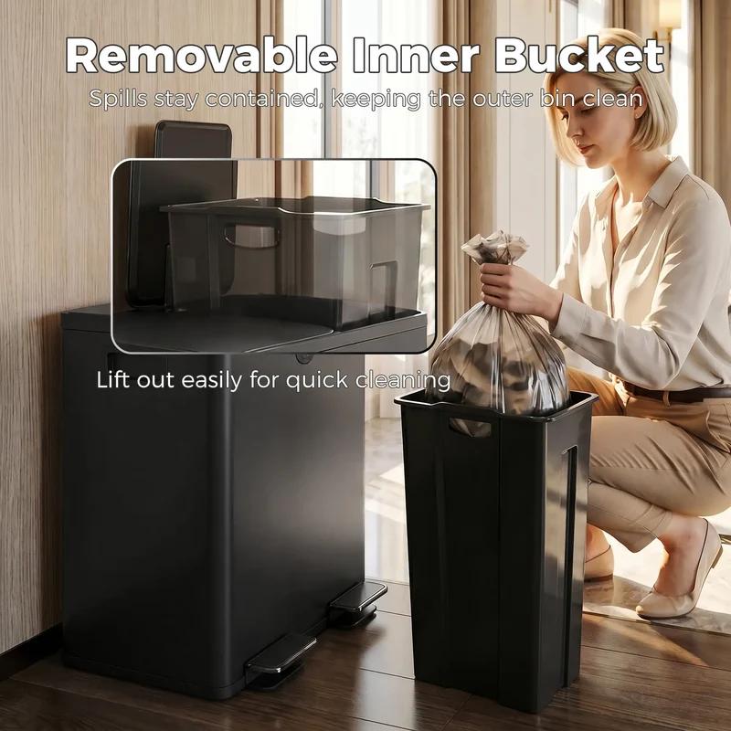 Dual Garbage Bin, Soft Close Trash Can, 2 x 20 Liter, Black