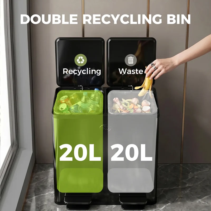 Dual Garbage Bin, Soft Close Trash Can, 2 x 20 Liter, Black