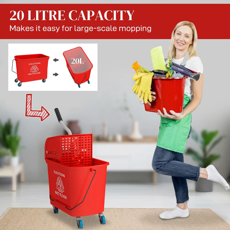 Compact Mop Bucket with Wringer, 5 Gallon, Red