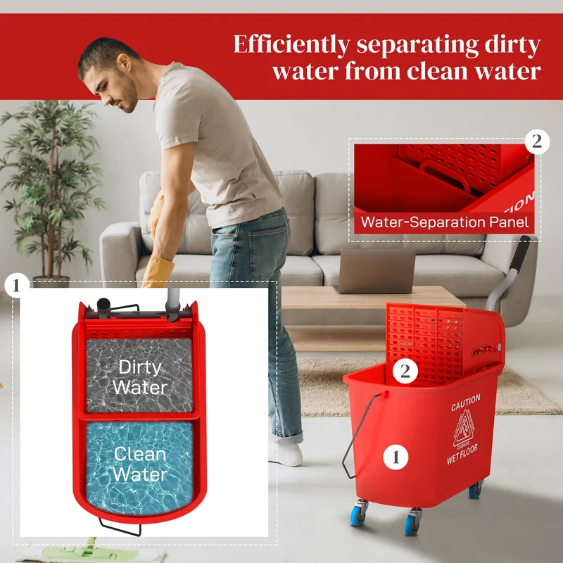 Compact Mop Bucket with Wringer, 5 Gallon, Red