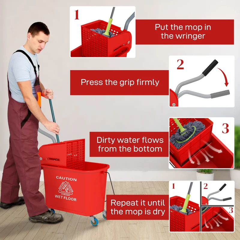 Compact Mop Bucket with Wringer, 5 Gallon, Red