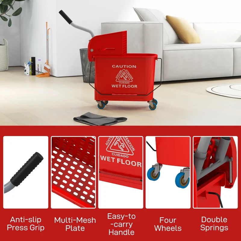 Compact Mop Bucket with Wringer, 5 Gallon, Red