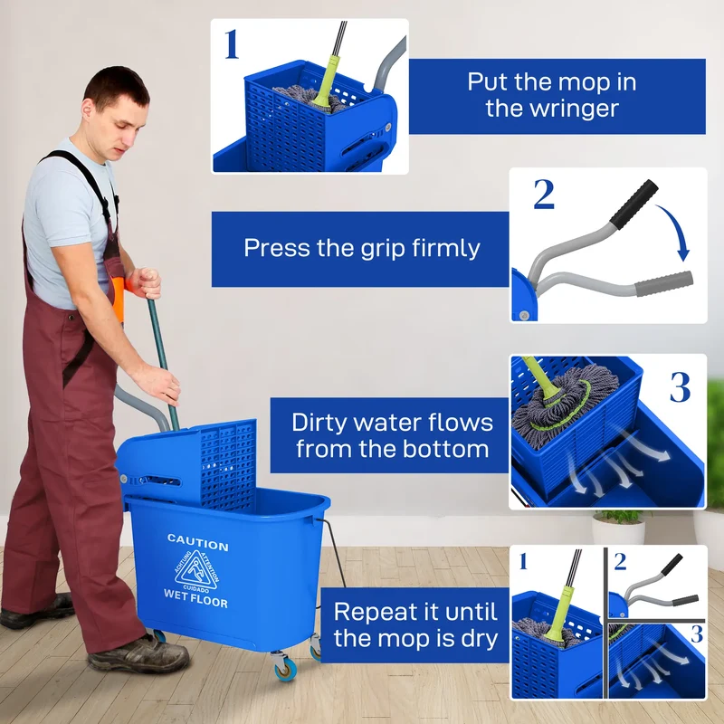 Compact Mop Bucket with Wringer, 5 Gallon, Separate Dirty Clean Water, Blue
