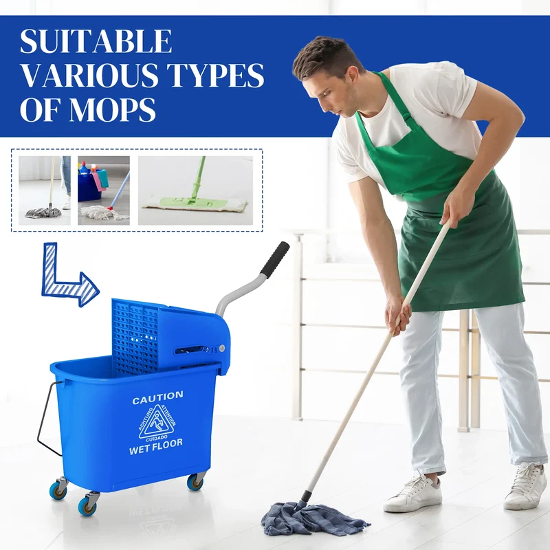 Compact Mop Bucket with Wringer, 5 Gallon, Separate Dirty Clean Water, Blue