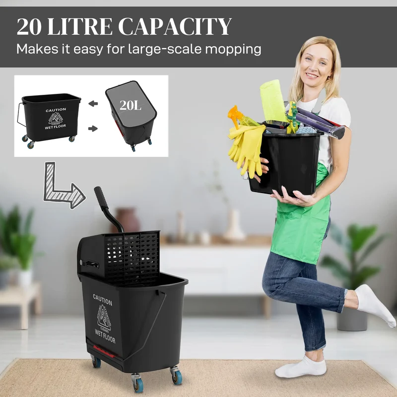 Compact Mop Bucket with Wringer, 5 Gallon, Black