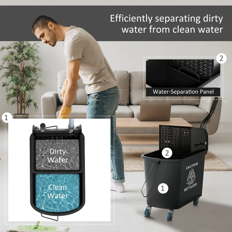 Compact Mop Bucket with Wringer, 5 Gallon, Black
