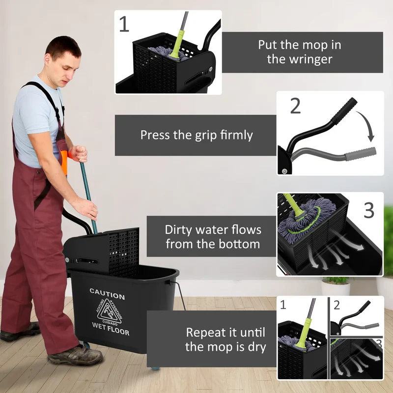 Compact Mop Bucket with Wringer, 5 Gallon, Black