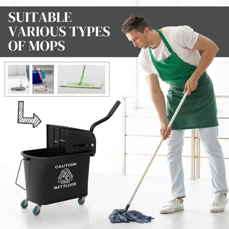 Compact Mop Bucket with Wringer, 5 Gallon, Black