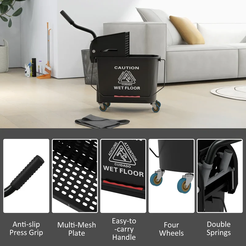 Compact Mop Bucket with Wringer, 5 Gallon, Black