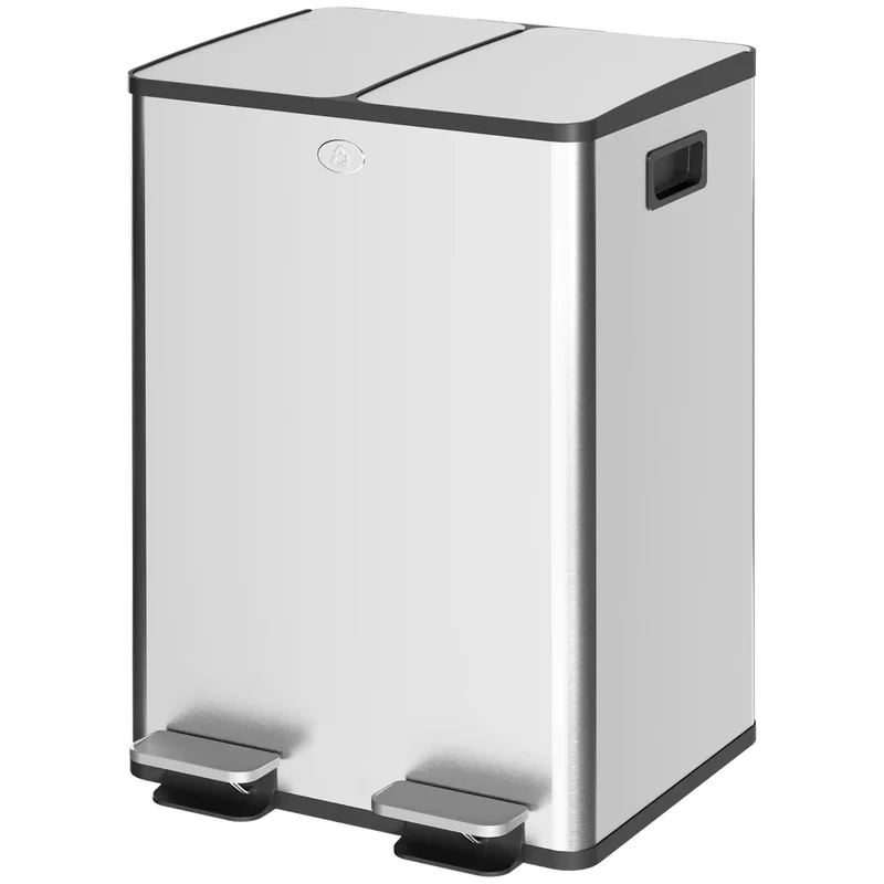 Dual Garbage Bin with Foot Pedal, 2 x 28 Litre, Silver