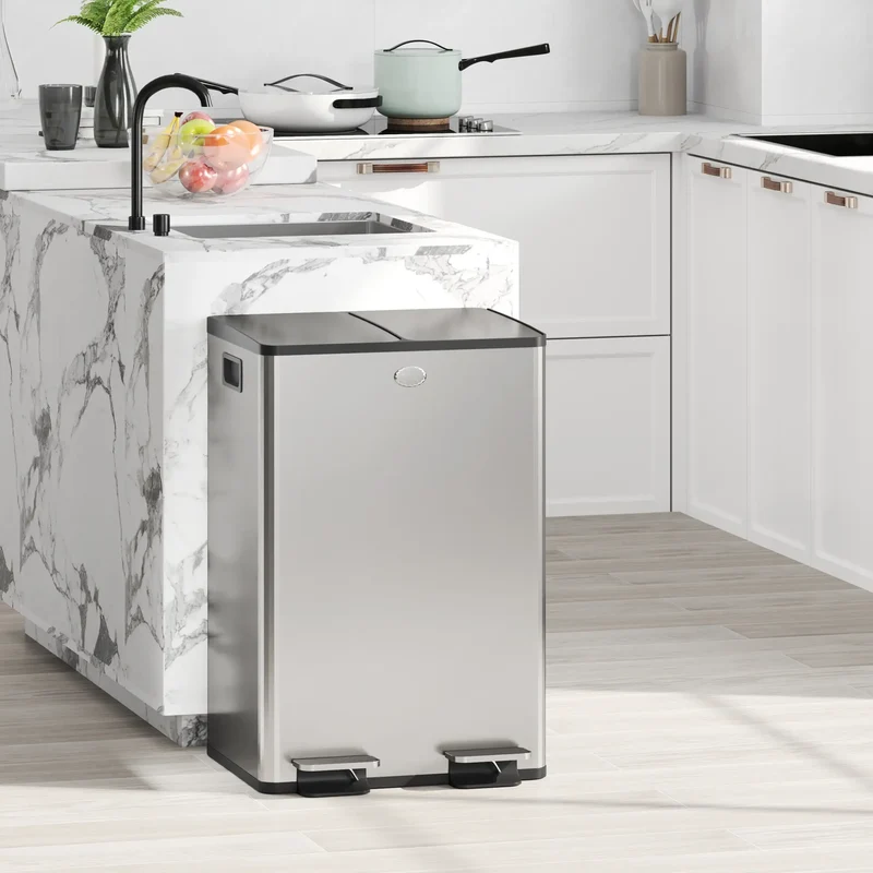 Dual Garbage Bin with Foot Pedal, 2 x 28 Litre, Silver